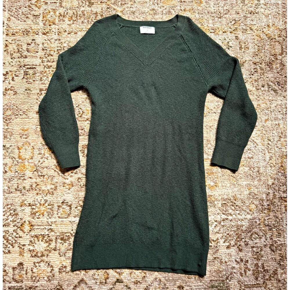 Old Navy Sweater Dress Womens M Olive Green Ribbed Knit V-Neck Cozy Fall Boho